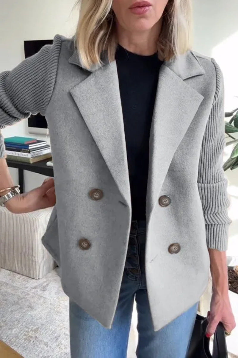 Women's Double Breasted Wool Pea Coat Notched Lapel Ribbed Knit Long Sleeve Sweater Short Blazer Jacket