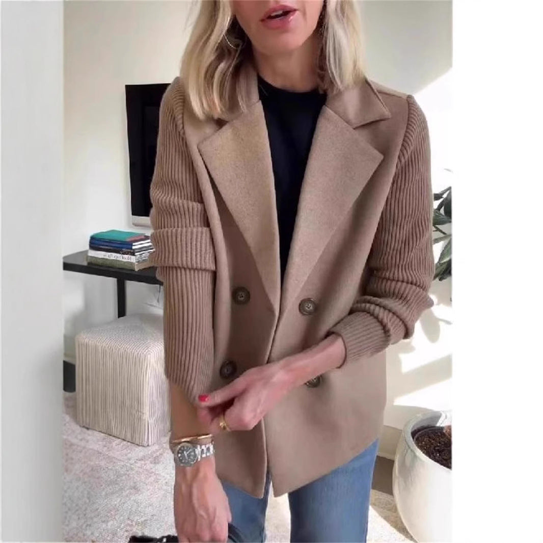 Women's Double Breasted Wool Pea Coat Notched Lapel Ribbed Knit Long Sleeve Sweater Short Blazer Jacket