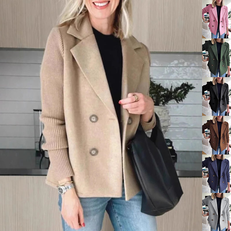 Women's Double Breasted Wool Pea Coat Notched Lapel Ribbed Knit Long Sleeve Sweater Short Blazer Jacket