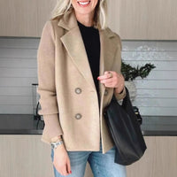 Women's Double Breasted Wool Pea Coat Notched Lapel Ribbed Knit Long Sleeve Sweater Short Blazer Jacket