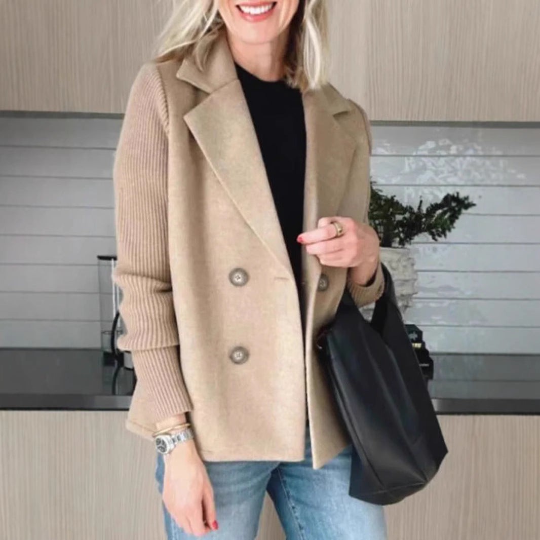 Women's Double Breasted Wool Pea Coat Notched Lapel Ribbed Knit Long Sleeve Sweater Short Blazer Jacket