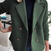 Women's Double Breasted Wool Pea Coat Notched Lapel Ribbed Knit Long Sleeve Sweater Short Blazer Jacket