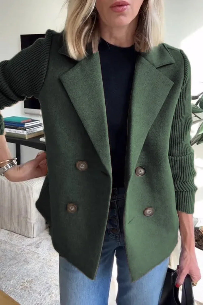 Women's Double Breasted Wool Pea Coat Notched Lapel Ribbed Knit Long Sleeve Sweater Short Blazer Jacket