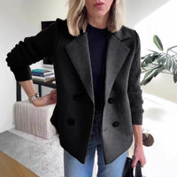 Women's Double Breasted Wool Pea Coat Notched Lapel Ribbed Knit Long Sleeve Sweater Short Blazer Jacket