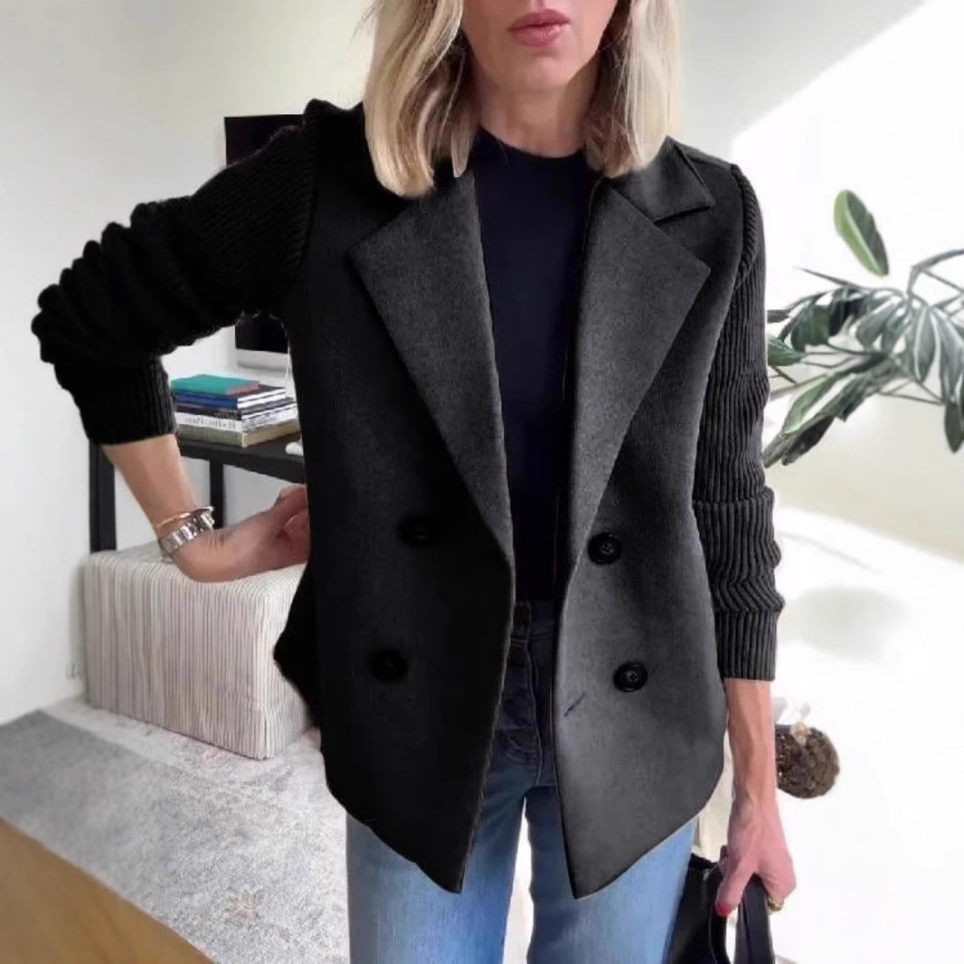 Women's Double Breasted Wool Pea Coat Notched Lapel Ribbed Knit Long Sleeve Sweater Short Blazer Jacket