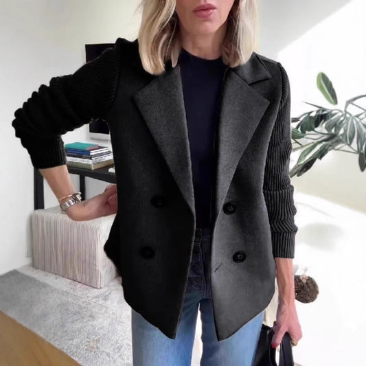 Women's Double Breasted Wool Pea Coat Notched Lapel Ribbed Knit Long Sleeve Sweater Short Blazer Jacket