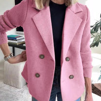 Women's Double Breasted Wool Pea Coat Notched Lapel Ribbed Knit Long Sleeve Sweater Short Blazer Jacket