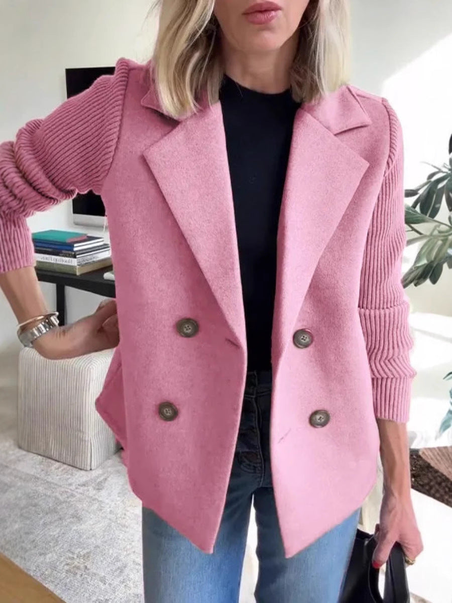 Women's Double Breasted Wool Pea Coat Notched Lapel Ribbed Knit Long Sleeve Sweater Short Blazer Jacket