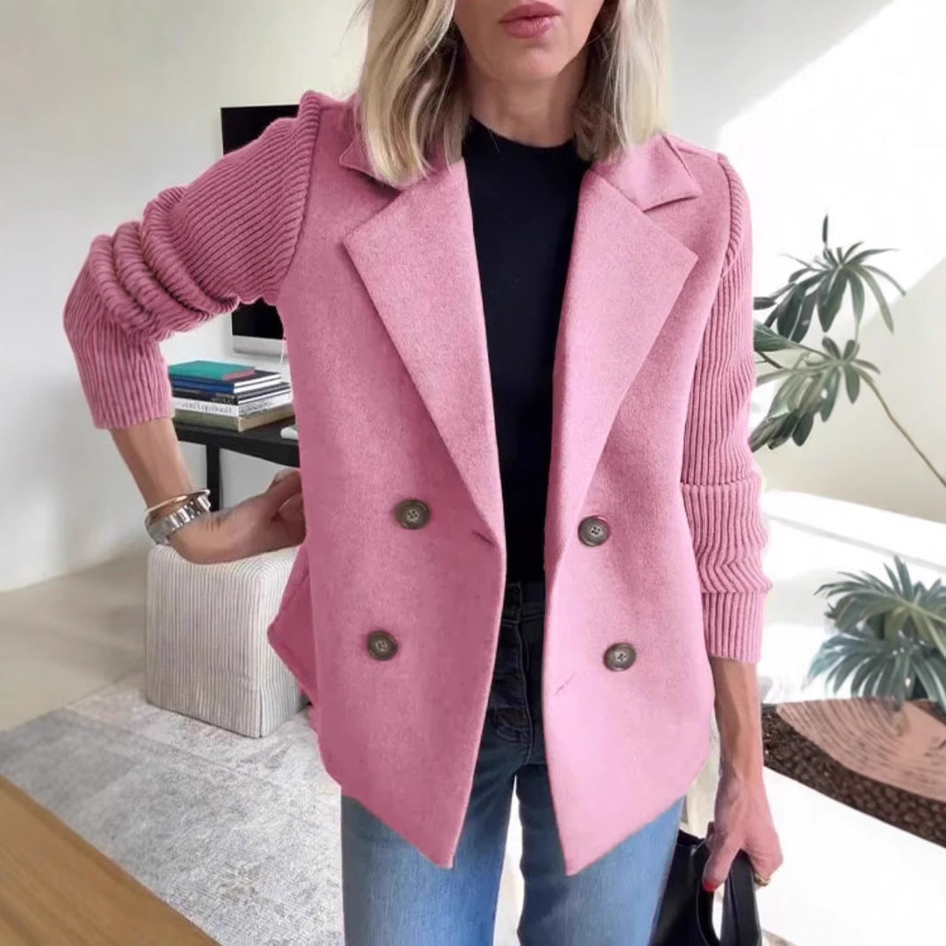 Women's Double Breasted Wool Pea Coat Notched Lapel Ribbed Knit Long Sleeve Sweater Short Blazer Jacket
