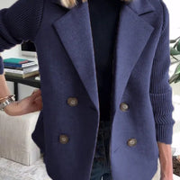 Women's Double Breasted Wool Pea Coat Notched Lapel Ribbed Knit Long Sleeve Sweater Short Blazer Jacket