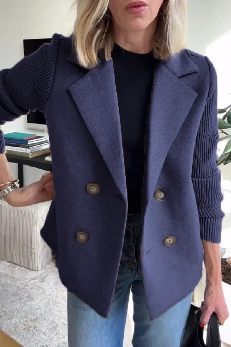 Women's Double Breasted Wool Pea Coat Notched Lapel Ribbed Knit Long Sleeve Sweater Short Blazer Jacket