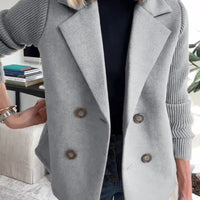 Women's Double Breasted Wool Pea Coat Notched Lapel Ribbed Knit Long Sleeve Sweater Short Blazer Jacket