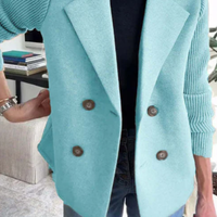 Women's Double Breasted Wool Pea Coat Notched Lapel Ribbed Knit Long Sleeve Sweater Short Blazer Jacket