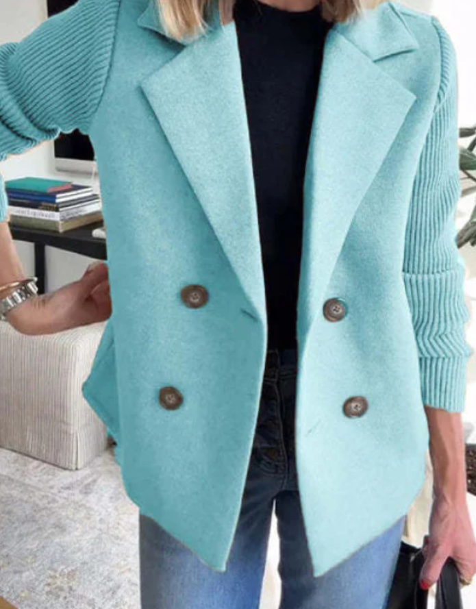 Women's Double Breasted Wool Pea Coat Notched Lapel Ribbed Knit Long Sleeve Sweater Short Blazer Jacket