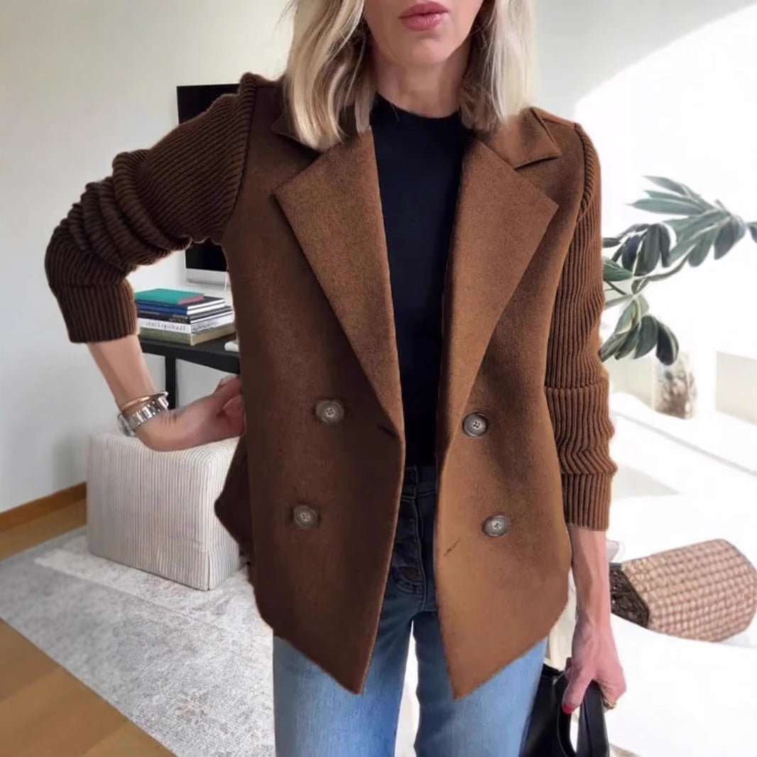 Women's Double Breasted Wool Pea Coat Notched Lapel Ribbed Knit Long Sleeve Sweater Short Blazer Jacket