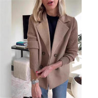 Women's Double Breasted Wool Pea Coat Notched Lapel Ribbed Knit Long Sleeve Sweater Short Blazer Jacket